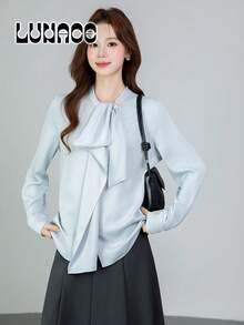 LUNACE 女士春季新款蝴蝶结长袖衬衫，百搭商务休闲职业上衣，适合办公室穿着 - 淺藍色 - 查看 12