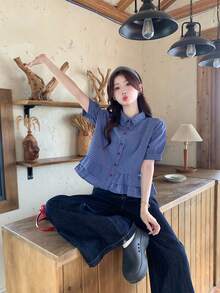 Áo kiểu nữ phong cách Hàn Quốc dáng bèo nhún, thích hợp mặc mùa xuân/hè. - Màu xanh lam - Xem 5
