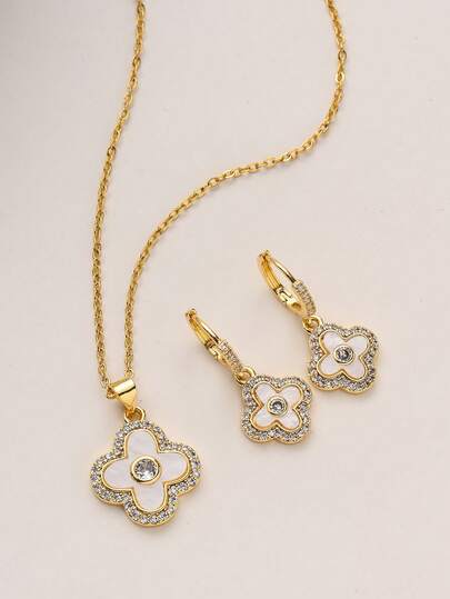 2件套经典时尚幸运四叶草吊坠项链耳环首饰套装，金色水钻项链和耳环，奢华风格女士首饰，适合约会、购物、派对、日常佩戴和节日礼物