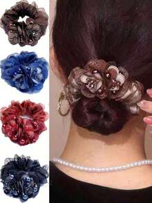 Pearl Double Flower Large Intestine Hair Tie, Suitable For Daily Hair Styling, Travel, Gatherings, Daily Leisure And Commuting, Photography, Spring And Summer Clothing Matching - Multicolor - View 1