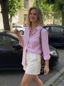 1件女士优雅春夏新款格子长袖衬衫，商务休闲四季皆宜的时尚单品，适合商务会议、西装内搭、朋友聚会、休闲外出等场合。格子纽扣前开襟长袖衬衫，适合办公室、日常穿着、旅行、机场出行，春夏必备。 - 粉色 - 查看 5