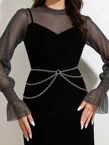 Women's Multi-Layer Iron Ring Linked Tassel Cross & Round Ring Chain Waist Chain - Silver - View 1