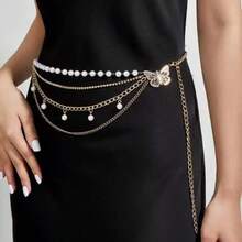 1pc Women's Waist Chain, Personalized Pearl Butterfly Multi-Layer Tassel Chain, Suitable For Wedding, Birthday, Party, Daily Wear, 105CM Length Festival - 金色 - 查看 2