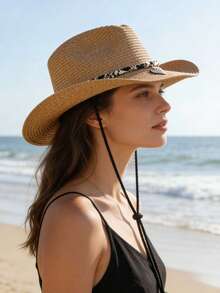 Straw Cowboy Hat, Suitable For Beach Vacation, UV Protection, Windproof, Western Style Sun Hat - Multicolor - View 4