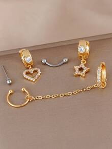 5pcs Cubic Zirconia Embedded Heart & Star Pendant Necklace & Earrings Set, Exquisite & Sparkling, Suitable For Women's Daily, Dating, Party, Music Festival Layering - Multicolor - View 3