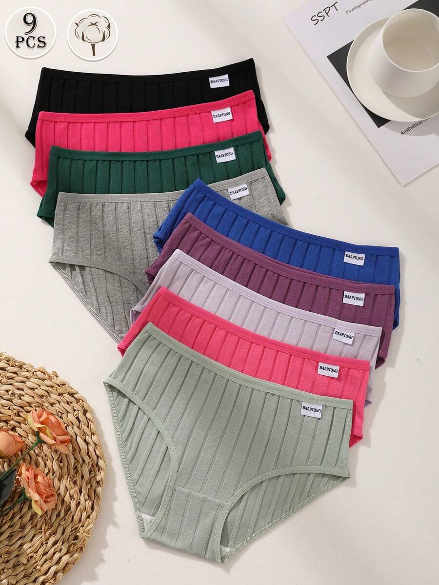 9PCS Women's Solid Color Stripe Cotton Panties Low Waist Comfortable And Breathable Panties For Women Daily Wear Sports Yoga Cheeky Briefs Sports - 彩色 - 查看 1