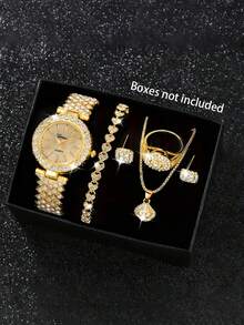 Bộ trang sức và đồng hồ thạch anh 6 món thanh lịch, bao gồm đồng hồ nữ mặt tròn, dây chuyền đính đá, bông tai, nhẫn và vòng tay (không kèm hộp). - Nhiều màu - Xem 2