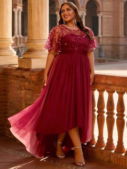 Women Plus Size Elegant Patchwork Vintage Elegant Romantic Mature Elegant Graceful Mesh Embroidery Asymmetric/Irregular Zipper Hi-Lo Bridesmaid Dress Party Dresses For Wedding Guest Mother Of Bride Prom Homecoming Gowns, Formal Evening Wedding Guest Cocktail Prom Graduation Party Spring Summer Autumn Winter