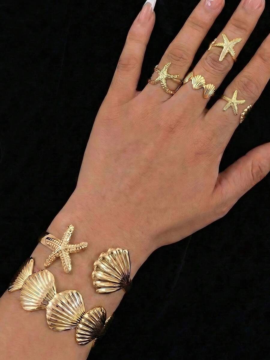 Set de 6 piezas de anillos y pulseras ajustables con diseño minimalista de estrellas de mar y conchas, joyería de alta calidad con encantos occidentales para playa y resort, el mejor regalo de joyería de playa para mujeres, adecuado para vacaciones en la playa, fiestas, citas, verano y regalos