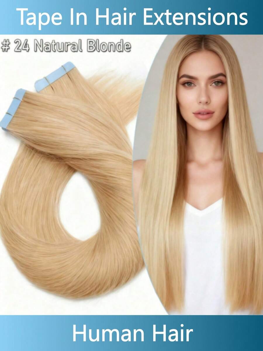 Lsybeauty 20pcs Straight Tape In 100% Remy Human Hair Extension For Salon Multicolor Color Natural Blonde 24# 16-26 Inches Silk Straight Seamless Skin Weft Hair Extension Tape In Hair Tape Ins Hair Extentions - S24 - 查看 1