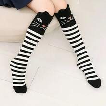 2 đôi tất dài đến đầu gối hình mặt mèo dễ thương dành cho nữ và bé gái, tất sọc và trơn màu đen in hình mèo, tất dài hình động vật hoạt hình thời trang để mặc hàng ngày và hóa trang. - màu đen - Xem 6