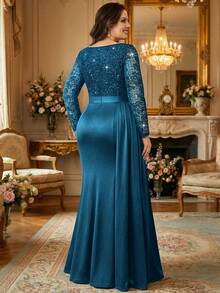 Plus Size Deep V-Neck Sequin Floral Lace Ruffle Waist Contrast Draped Side Ruffle Satin Mermaid Hem Evening Party Dress, Wedding Guest Dress, Elegant Formal Evening Gown, Suitable For Birthday, Graduation, Gala Spring - Dusty Blue - View 2