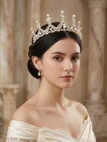 1PC Vintage Tone Pearl And Rhinestone Tiara Baroque Crown Elegant Bridal Hair Accessory 14.5cm Diameter - Multicolor - View 10