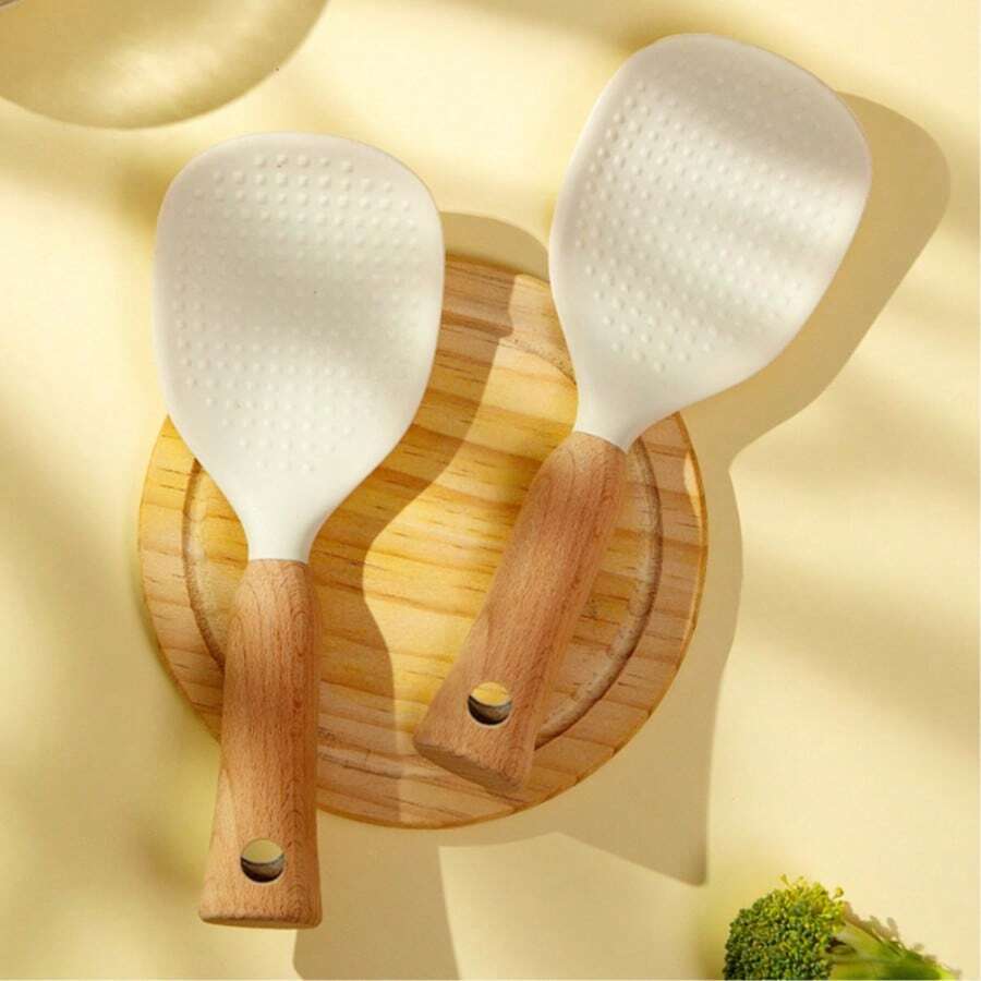 1pc Rice Paddle Spoon, Non-Stick Vertical Rice Spoon With Wooden Handle, Stand Up Serving Spoon Spatula, Kitchen Cooking Tool - View 1