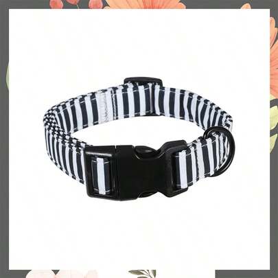 黑白条纹狗项圈 - 可调节经典条纹宠物项圈，配黑色扣环和黑色D形环 - 简约幼犬颈带，适合小型和中型犬