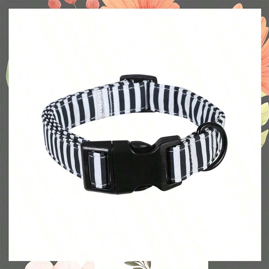 黑白条纹狗项圈 - 可调节经典条纹宠物项圈，配黑色扣环和黑色D形环 - 简约幼犬颈带，适合小型和中型犬 - 混合色 - 查看 1