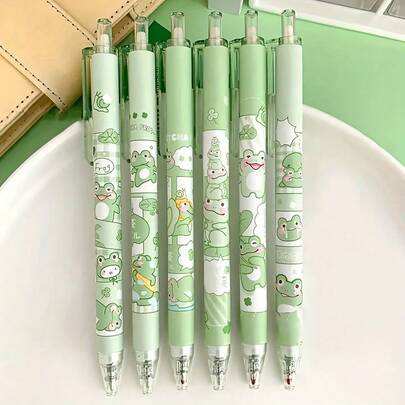 Bộ 6 bút bi mực đen hình ếch xanh 0.5mm, viết trơn tru, quà tặng văn phòng phẩm ngày lễ (màu ngẫu nhiên)