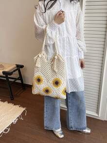 Bolso de tote grande de capacidad versátil y con estilo, nuevo bolso de hombro con bordado de girasol de estilo de vacaciones en la playa - Beis - Ver 6