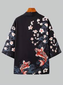 浮世绘樱花锦鲤印花七分袖和服开衫，男士宽松休闲防晒浴袍，日式外套 - 黑色 - 查看 2