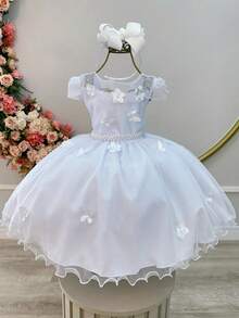 Vestido branco de  batizado com borboletavestido de festa branco  tamanho G ao 4 MD 068 - Branco - Visão 7