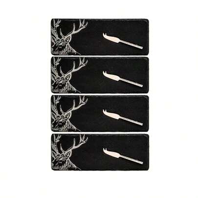 Scottish Stag Mini Slate Cheese Board & Knife Set (Set Of 4)