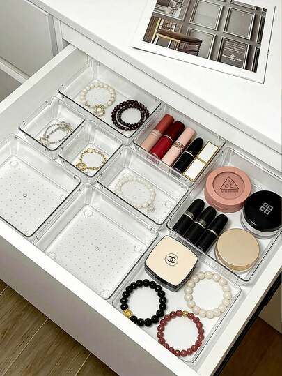 Drawer Desktop Cosmetic Storage Box, Combination Transparent Plastic Drawer Storage Box, Transparent Vanity Cabinet Storage Box, Exquisite Storage Box, Desk Drawer Partition Storage Box, Suitable For Makeup, Jewelry, Kitchen, Bedroom, Bathroom, Office Trinkets, Christmas Holiday Gift