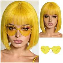 Cyberpunk Bob Wig & Glasses Set - 20+ Neon Colors With Adjustable Fringe | Multi-Tone Synthetic Hair For Cosplay, Rave, Halloween & Daily Bold Fashion (Hot Red/Lime Green/Orange/Light Pink/Plum Purple/Neon Blue/Neon Lilac/Golden Blonde/Black) - 黃色 - 查看 1
