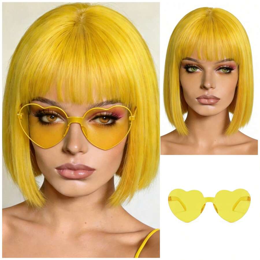 Cyberpunk Bob Wig & Glasses Set - 20+ Neon Colors With Adjustable Fringe | Multi-Tone Synthetic Hair For Cosplay, Rave, Halloween & Daily Bold Fashion (Hot Red/Lime Green/Orange/Light Pink/Plum Purple/Neon Blue/Neon Lilac/Golden Blonde/Black) - 黃色 - 查看 1