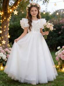 少女优雅刺绣蝴蝶结长袖薄纱长裙，公主裙，适合花童、生日派对、婚礼、舞会、毕业典礼、复活节等场合。 - 白色 - 查看 4