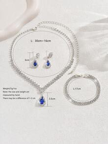 水鑽水滴吊墜項鏈和耳墜和手鐲 - 寶藍色 - 查看 4