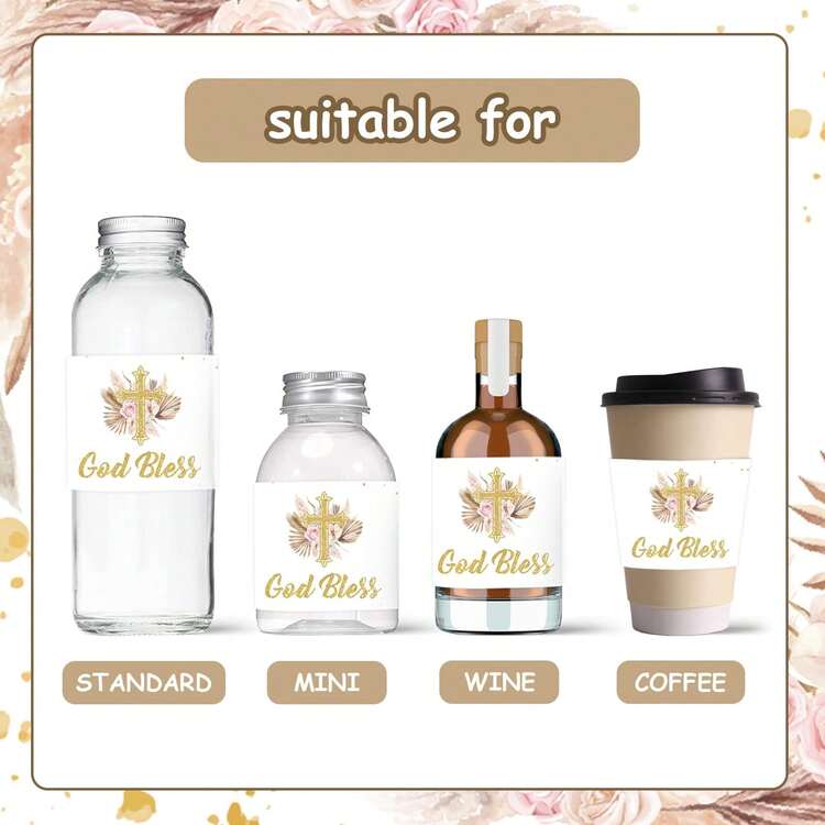 15pcs Bohemian Style Christian Water Bottle Labels - Waterproof Self-Adhesive Stickers For Baptism & Christening Decoration, Party Favor Tags - Multicolor - View 6