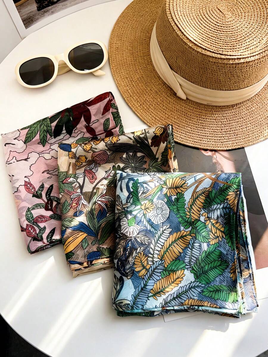 轻盈飘逸的植物印花小围巾，适合日常通勤和外出穿着。 - 彩色 - 查看 1