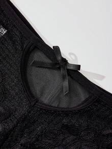 1PC Black Mesh Lace Splicing Lingerie For Women Femme Mid Rise Sexy Cross Strap Bow Panties Hot Mysterious Sweet Style Tangas, Casual Comfy All Seasons Underwear For Wome Mature Elegant Lingerie, Daily Travel Gift Giving Christmas Women Shorts - Black - View 3