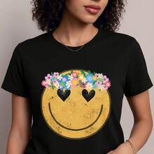 Camiseta deportiva casual para mujer con estampado floral creativo y sonriente, cuello redondo, mangas cortas, top cómodo de verano para las vacaciones- 1pcs, 180Gsm, 100% Cotton - Negro - Ver 4