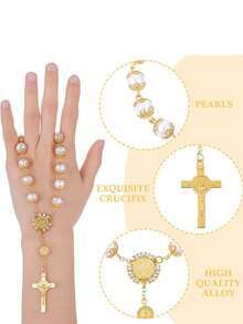 1pc Gold Crystal Cross Rearview Mirror Decor, Elegant Beaded Car Pendant Accessory - Gold - View 2