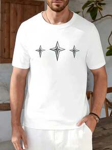 T-Shirt Minimalista Con Stampa A Stella, 100% Cotone, Vestibilità Ampia E Comoda, Stile Street Hip-Hop, Stampa Artistica. - White - View 1