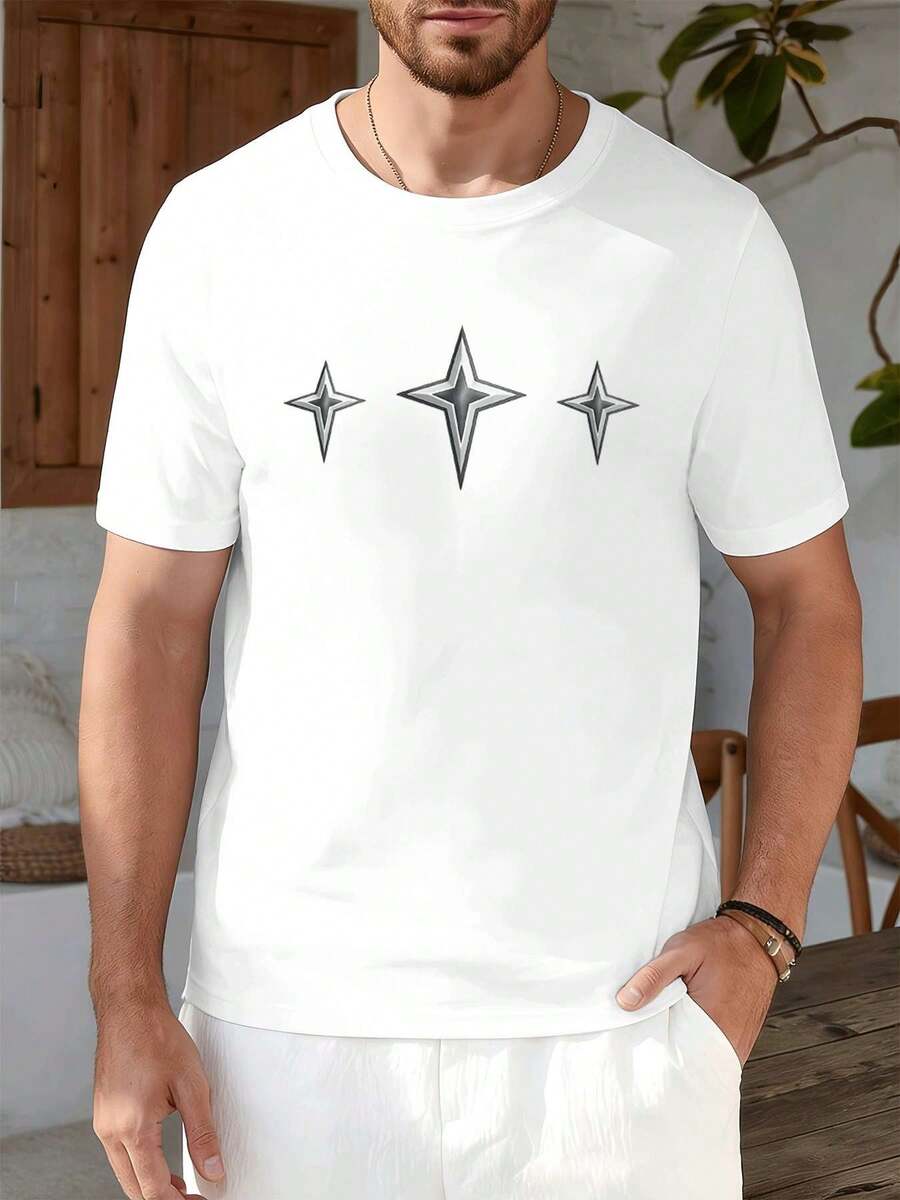 T-Shirt Minimalista Con Stampa A Stella, 100% Cotone, Vestibilità Ampia E Comoda, Stile Street Hip-Hop, Stampa Artistica. - White - View 1