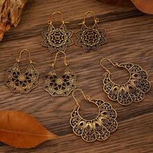 3/4 Pairs Of Fashionable New Vintage Distressed Western-Style Bohemian Hollow Floral Geometric Line Earring Sets Suitable For Women's Daily Wear - 金色3 - 查看 13
