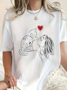 T-shirt Camiseta Estampada Feminina Gato e Coração Camisa 100% Algodão Frete Grátis Rápido - Branco - Visão 1