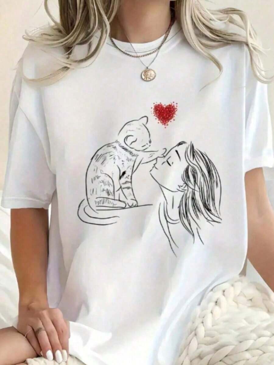 T-shirt Camiseta Estampada Feminina Gato e Coração Camisa 100% Algodão Frete Grátis Rápido - Branco - Visão 1