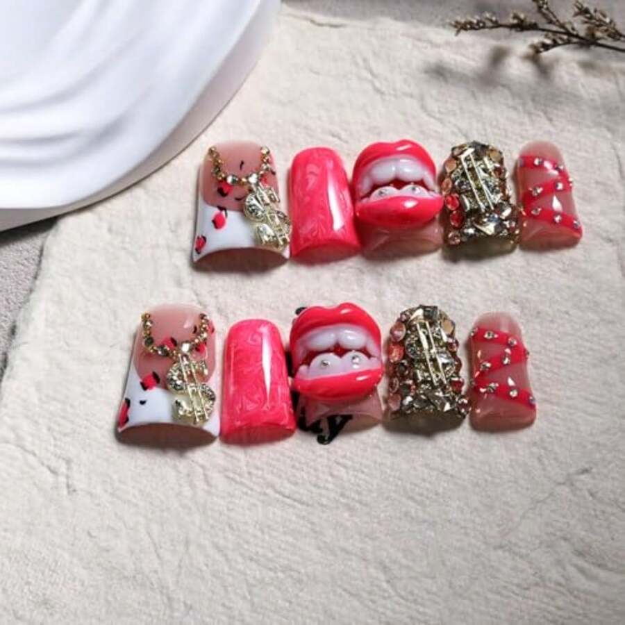 10Pcs Handmade Press on Nails Short Duck Fake Nails with 3D Flaming Red Lips Rhinestone Design Funny Multi-Layer Acrylic False Nails Handmade Duck Nails Press ons Reusable Stick on Nail for Women S - Multicolor - Ver 1