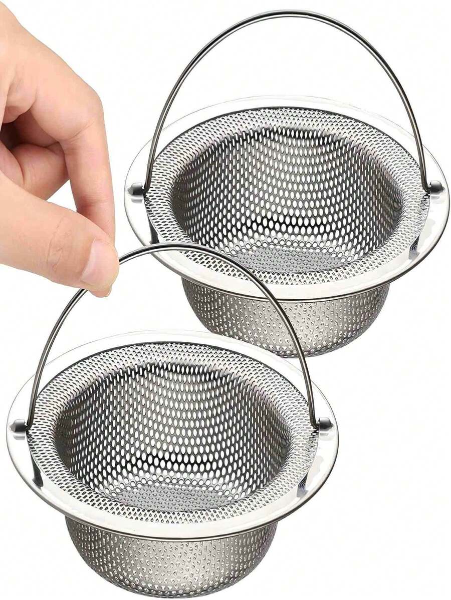 Bộ 2 lưới lọc bồn rửa nhà bếp, lưới lọc bồn rửa lớn bằng thép không gỉ có tay cầm nâng, đường kính trong 7.5cm, đường kính ngoài 11cm, lưới lọc chống tắc nghẽn cống, rổ hứng thức ăn thừa trong bồn rửa, lưới lọc bồn rửa nhà bếp bằng thép không gỉ, lưới thoát nước ngăn ngừa tắc nghẽn. - 2 tấm lọc - Xem 1