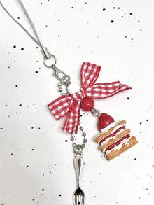 1个手工复古草莓拿破仑蛋糕蝴蝶结吊坠，甜美少女风手机挂绳/包包挂件 - 紅白色 - 查看 3