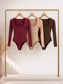 Kit 1, 3 Bodysuits, Women's Shaping Bodysuit, Second Skin Style, Square Neckline, Long Sleeves, Basic, High Fashion, Versatile, Elegant, Blogger Style - 酒紅色-米色-咖啡色 - 查看 1