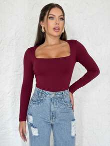 Kit 1, 3 Bodysuits, Women's Shaping Bodysuit, Second Skin Style, Square Neckline, Long Sleeves, Basic, High Fashion, Versatile, Elegant, Blogger Style - 海軍藍-灰酒紅 - 查看 3