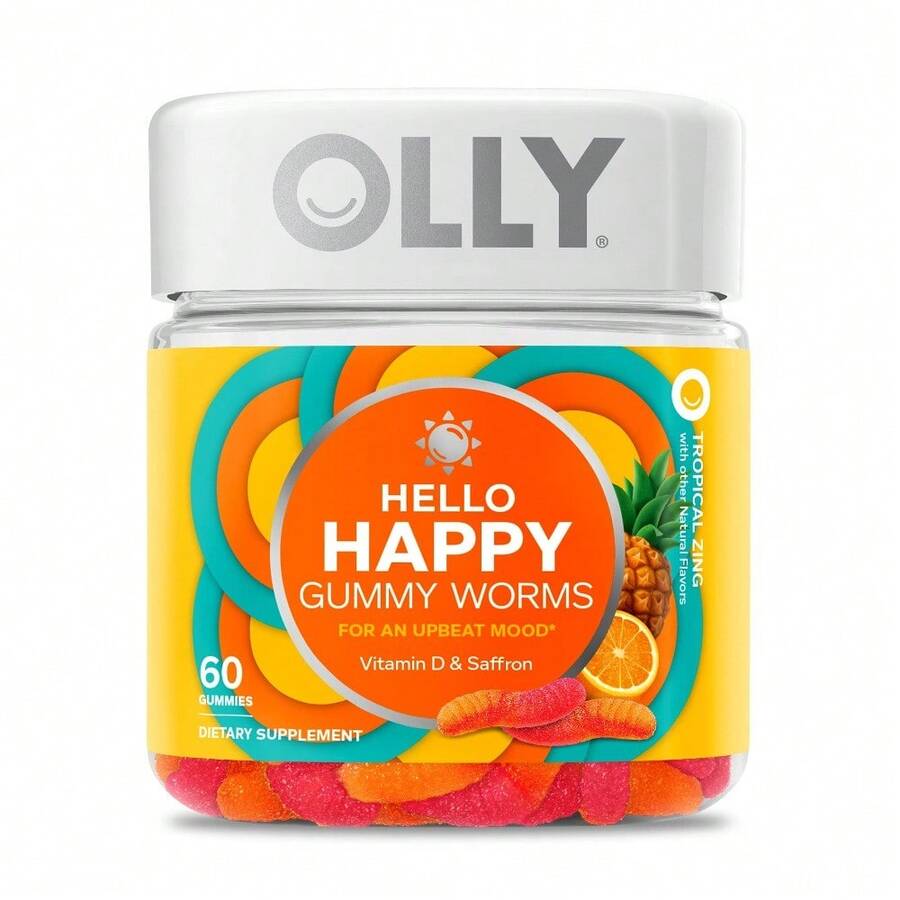 OLLY Hello Happy Gominolas de Gusanos, Vitamina D, Azafrán, Suplemento Masticable para Adultos, Sabor Tropical - 60 Unidades - 60 unidades (paquete de 1) - Ver 1
