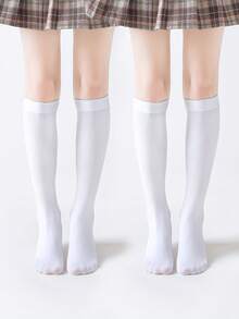 2Pairs Solid Color High Elastic Knee High Socks For Kids Boys And Girls, Suitable For All Seasons - White - View 7
