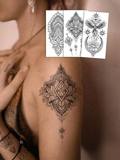 3 Sheets Body Art Temporary Tattoo Stickers For Women With Patterns Including Black Lotus, Moon And Birds. Waterproof Fake Tattoo, Lasting 2-5 Days. Can Be Used On Fingers, Arms, Neck, Shoulders, Chest, Waist, Back And Legs. Easy To Use And Remove. Ideal For Festivals, Parties And Music Festivals.