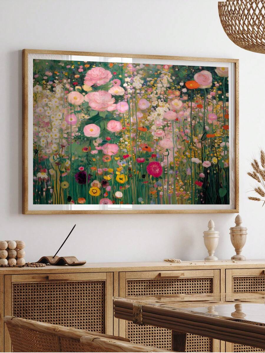 1幅帆布墙画，带框墙画，复古彩色花卉古斯塔夫·克里姆特风格野花草地印花，抽象花卉花园挂饰，春季主题墙面装饰，完美家居礼物，春季花卉艺术，波西米亚风春季家居装饰，房间装饰美学，宿舍装饰，卧室装饰，客厅装饰，浴室装饰，厨房装饰，餐厅装饰，公寓装饰，大学风格艺术，办公室装饰 - 花卉 - 查看 1