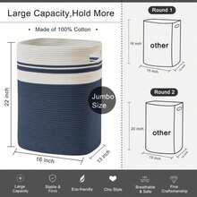 OIAHOMY Laundry Hamper-Laundry Basket,Tall Cotton Storage Basket With Handles,Decorative Blanket Baskets For Living Room,Collapsible Large Baskets For Toys,Pillows,Clothes-16x13x22in-Blue - Blue - View 5